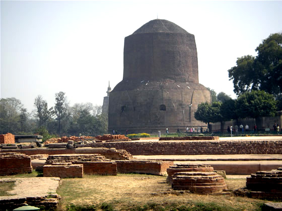 the Dhamekh Stupa with monastery ruins in foreground 
